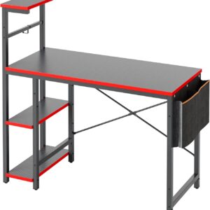 bestier gaming desk with led lights, 44 inch pc gamer desk for small spaces, computer desk with reversible storage shelves & side storage bag (black 3d carbon fiber)