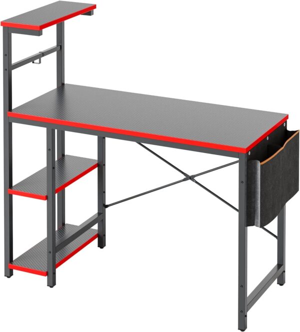 bestier gaming desk with led lights, 44 inch pc gamer desk for small spaces, computer desk with reversible storage shelves & side storage bag (black 3d carbon fiber)