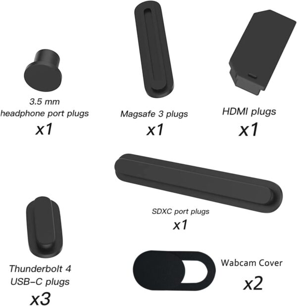9 pcs dust plug cover for macbook air 13.6" 15.3" m4 m3 m2, macbook pro 14 16 m4 m3 m2 m1, macbook pro 13 m2 m1, dust plug for hdmi, thunderbolt, sd, charger port, headphone &2pcs webcam cover slide
