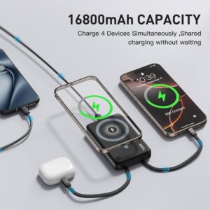 2025 latest magnetic wireless power bank, 16800mah portable charger with 2 built in cables, led display magnetic battery pack travel essentials for iphone 16/15/14/13/12/pro/mini/pro max andriod