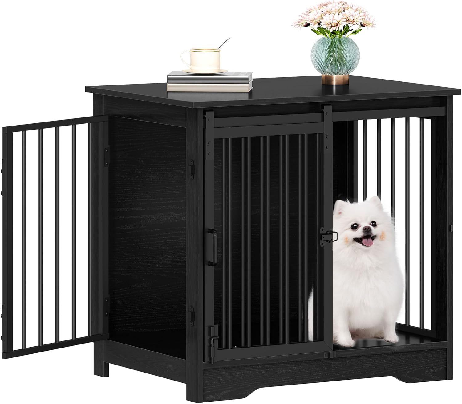 27.2″ Dog Crate Furniture with Barn Door, Heavy Duty Dog Kennel Indoor with 2 Doors, Wooden Pet Cage End Table for Small Medium Dogs up to 22 lb, Anti-Chew Anti-Escape, Black DFC84304B