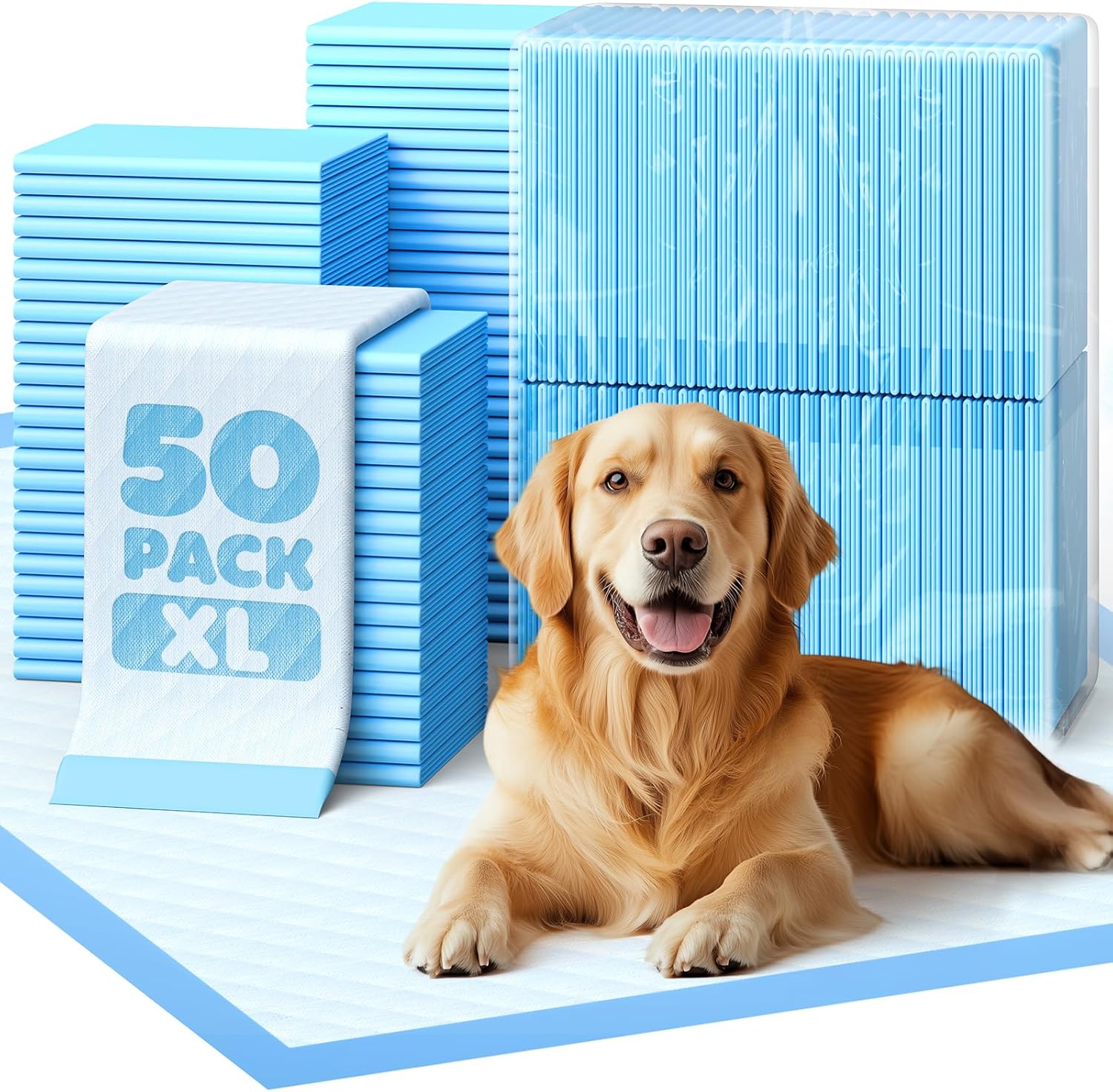 50-Pack X-Larg Puppy Pads – 34″ x 28″ Extra Large Pee Pads for Dogs with 6-Layer Leakproof Protection, Quick-Dry and Disposable Dog Pads with High Absorbency for Easy Potty Training