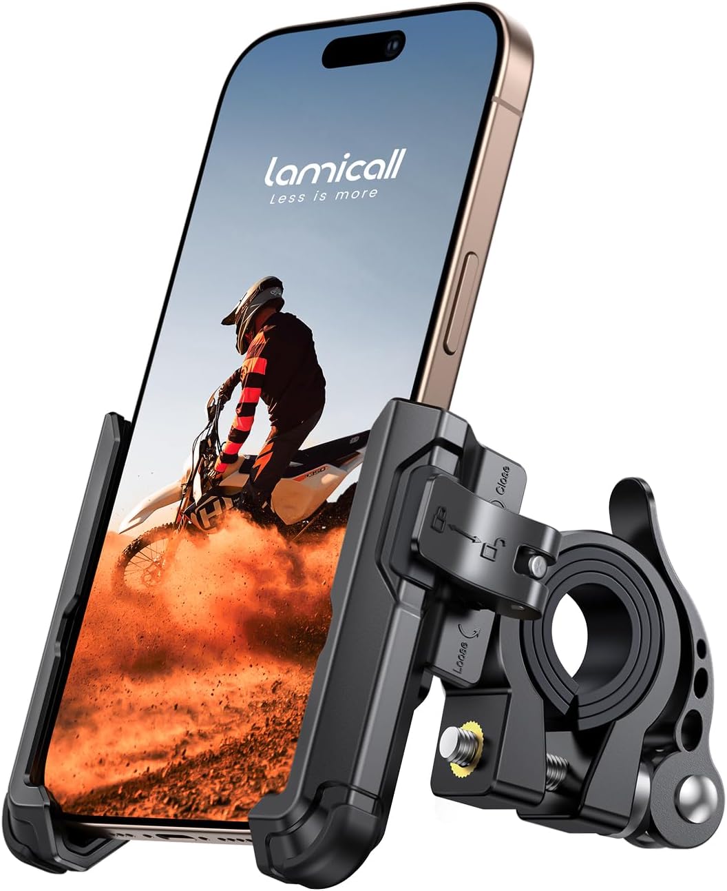Lamicall Motorcycle Bike Phone Mount – [No Block Camera] [1s Lock] Bike Cell Phone Holder Clamp, Bicycle Scooter Handlebar Clip, for iPhone 16 15 14 Pro Max, Galaxy S25 S24 Ultra, 4.7-7″ Phones