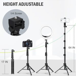 64” tripod for cell phone & camera, phone tripod with remote and phone holder, sturdy & stable height adjustable multi angle shot selfie stick tripod for video recording