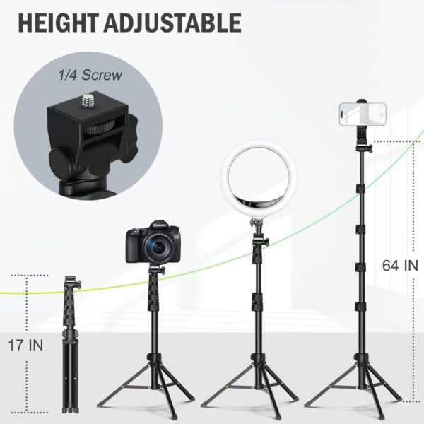 64” tripod for cell phone & camera, phone tripod with remote and phone holder, sturdy & stable height adjustable multi angle shot selfie stick tripod for video recording