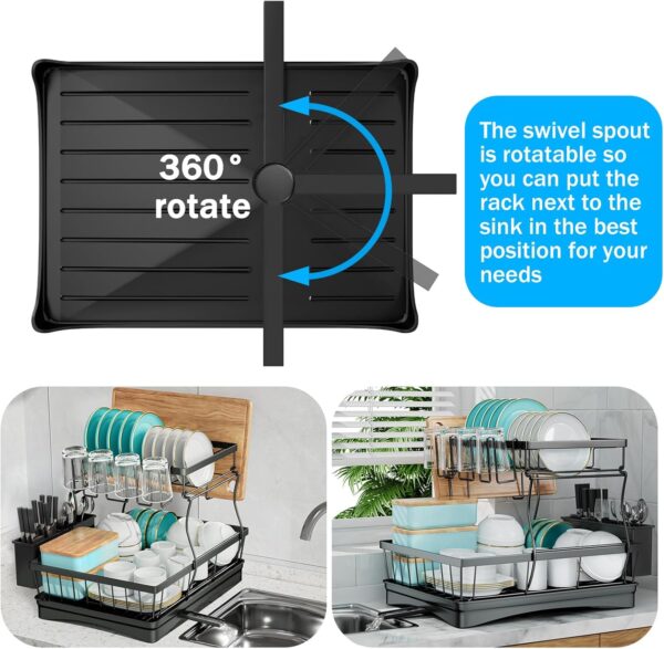 7 code Large Dish Drying Rack for Kitchen Counter, Detachable Large Capacity Dish Drainer Organizer, 2-Tier Dish Racks with Utensil Holder, Black - Image 2