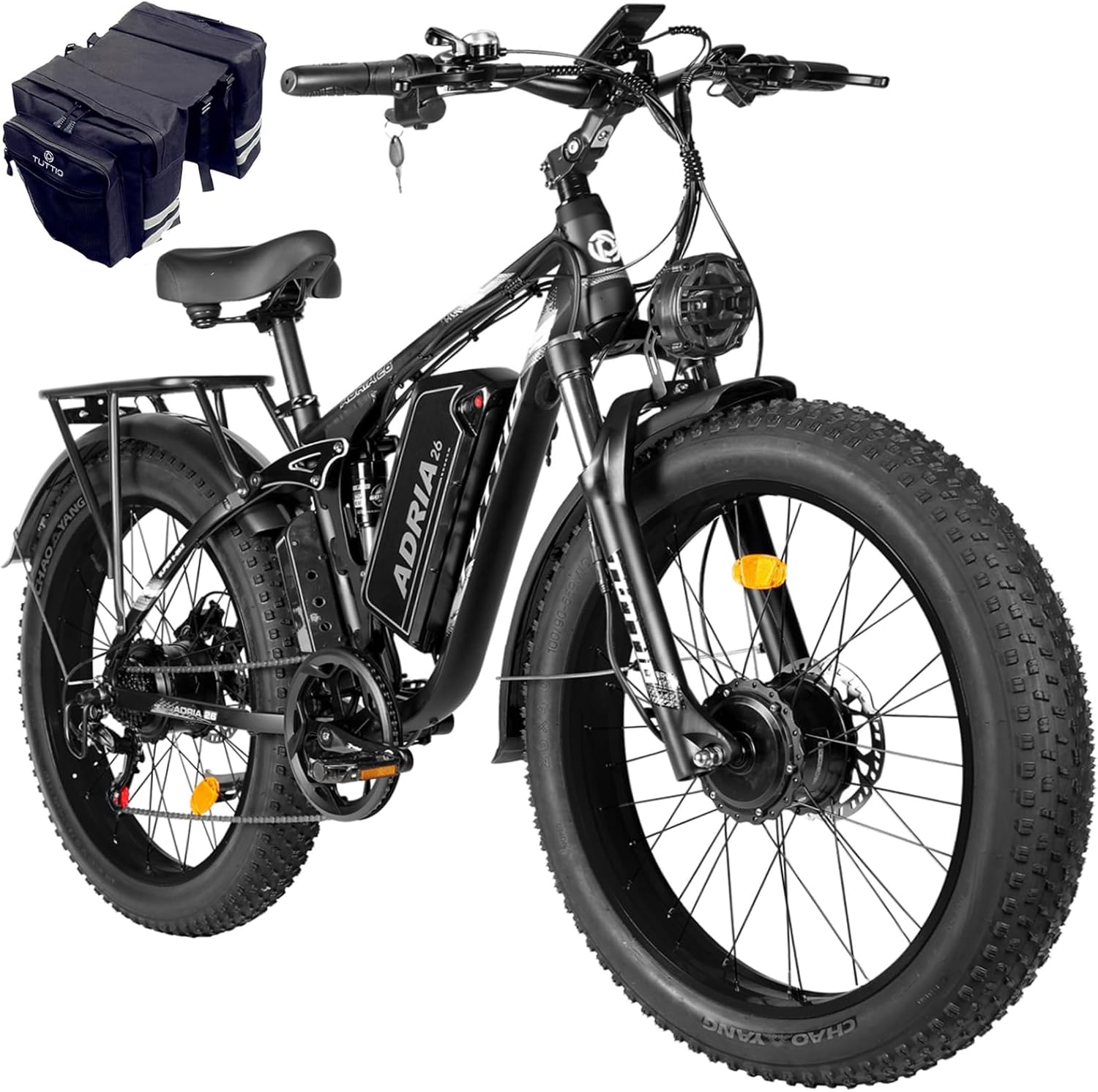 TUTTIO Electric-Bike for Adults-Men, 210NM Dual-Motor-Ebike, 52V Removable Battery Hunting-Ebike, Long Range Dirtbike, 26″ Fat-Tire-Electric-Bicycle, Full Suspension Mountain Bike for Off-Road Snow