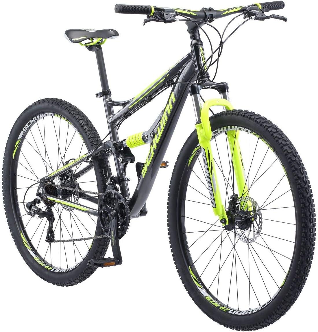 Schwinn Traxion Mountain Bike for Adult Men Women, 29-Inch Wheels, Full Suspension, 24-Speed Shimano Drivetrain, Trigger Shifter, 18-Inch Aluminum Frame, Mechanical Disc Brake, Matte Grey/Neon Green Schwinn Traxion Mountain Bike for Adult Men Women, 29-Inch Wheels, Full Suspension, 24-Speed Shimano Drivetrain, Trigger Shifter, 18-Inch Aluminum Frame, Mechanical Disc Brake, Matte Grey/Neon Green