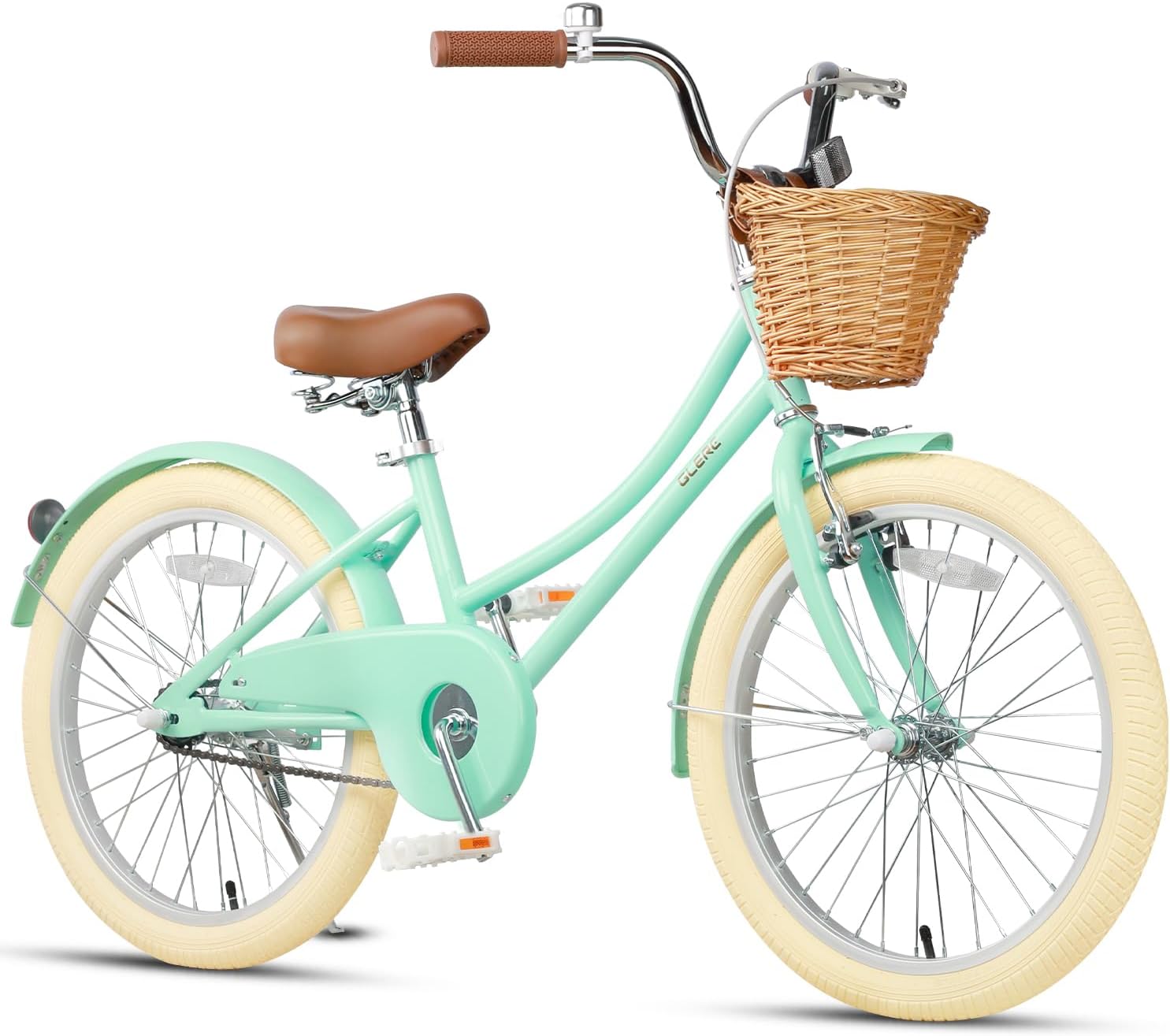 Glerc Little Molly 20 Inch Kids Bike, Retro Cruiser Girls Bike for Children Ages 7-13 Years Old, ‎Kids Bicycle with Wicker Basket & Kickstand, Mint Green