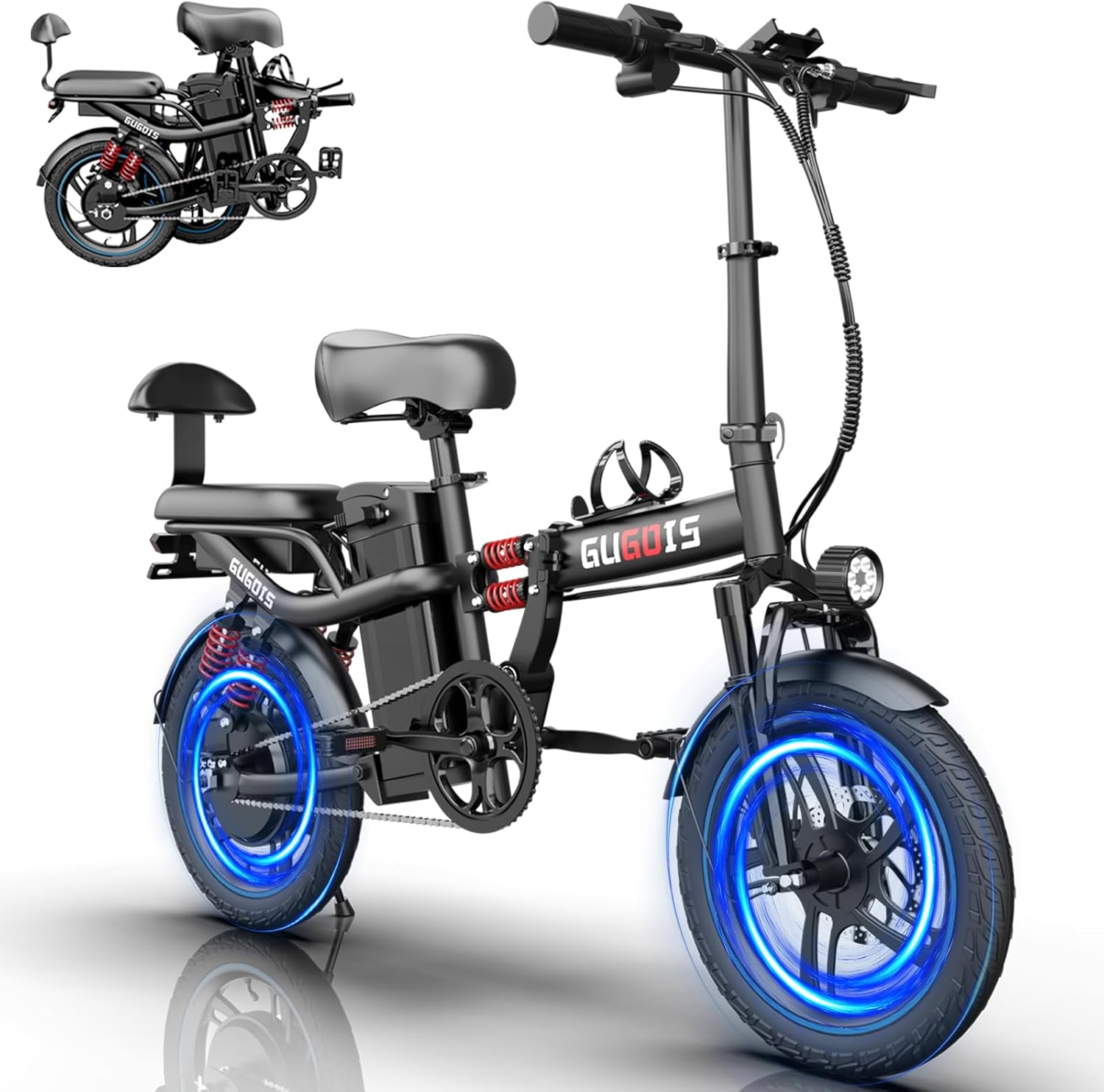 2 Seater Electric Bike for Adults,Mini Bike 500/750 Motor,28MPH,48V/15AH Removable Battery,25-30Miles 16″ Fat Tire Commuter Ebike,Full Suspension Foldable Electric Bicycles for Adults Teens