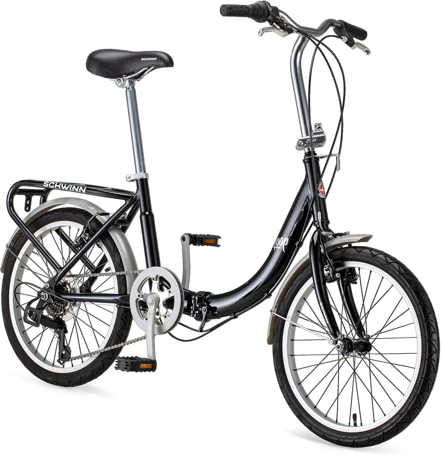 Schwinn Loop Folding Bike, Black, Titanium or White, 20 Inch Bike for Adults and Kids, 7 Speed, Lightweight Aluminum Folding Frame, Integrated Rear Carrier, Front and Rear Linear Pull Brakes Schwinn Loop Folding Bike, Black, Titanium or White, 20 Inch Bike for Adults and Kids, 7 Speed, Lightweight Aluminum Folding Frame, Integrated Rear Carrier, Front and Rear Linear Pull Brakes
