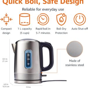 amazon basics electric stainless steel kettle for tea and coffee, bpa free, fast boiling, auto shut off, 1.1 quarts, 1500w, black and silver