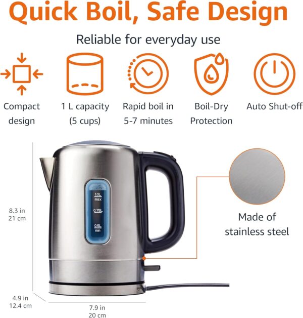 amazon basics electric stainless steel kettle for tea and coffee, bpa free, fast boiling, auto shut off, 1.1 quarts, 1500w, black and silver