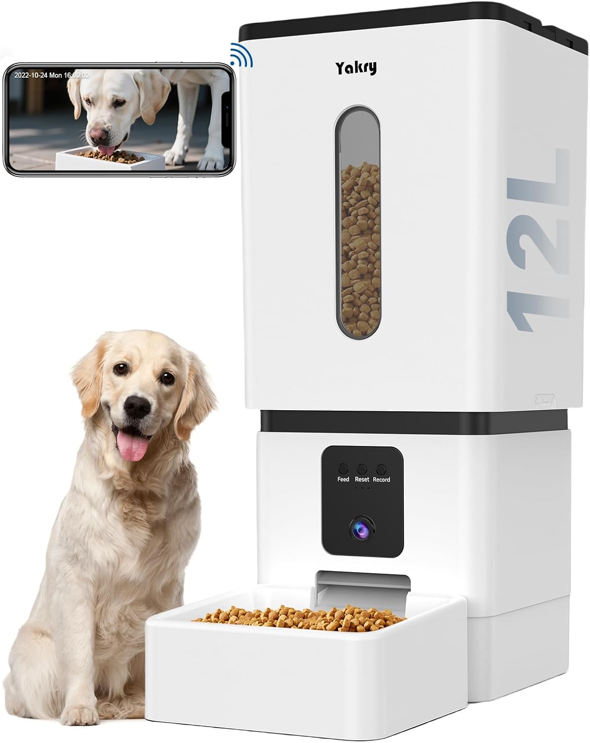 Automatic Dog Feeder Large Breed with Camera – 12L/50 Cups 5G WiFi App Control Dog Food Dispenser, Easy Setup, HD 1080P Video with Night Vision by Yakry