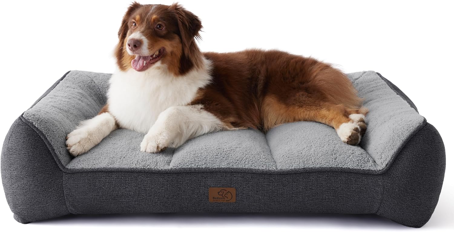 Bedsure Orthopedic Dog Beds Large Sized Dog – Extra Thick Supportive Large Dogs Bed with Waterproof Washable Cover, Comfort Pet Bed Sofa with Soft Plush Sherpa and Nonskid Bottom, Grey, 35″