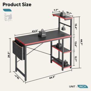 bestier gaming desk with led lights, 44 inch pc gamer desk for small spaces, computer desk with reversible storage shelves & side storage bag (black 3d carbon fiber)