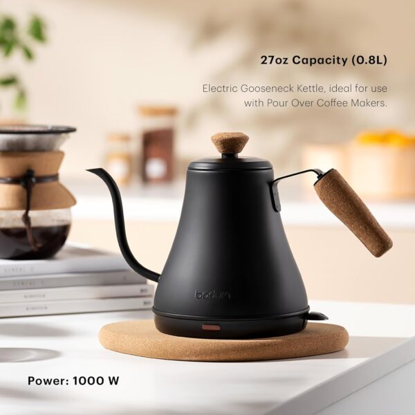 bodum 27oz bistro gooseneck electric water kettle, pour over coffee & tea, stainless steel, matte black