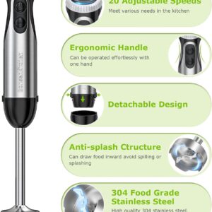 bonsenkitchen immersion handheld blender with whisk, 20 speed & turbo mode hand blender stick 500w, 304 stainless steel hand blender for soup, smoothie, puree, baby food