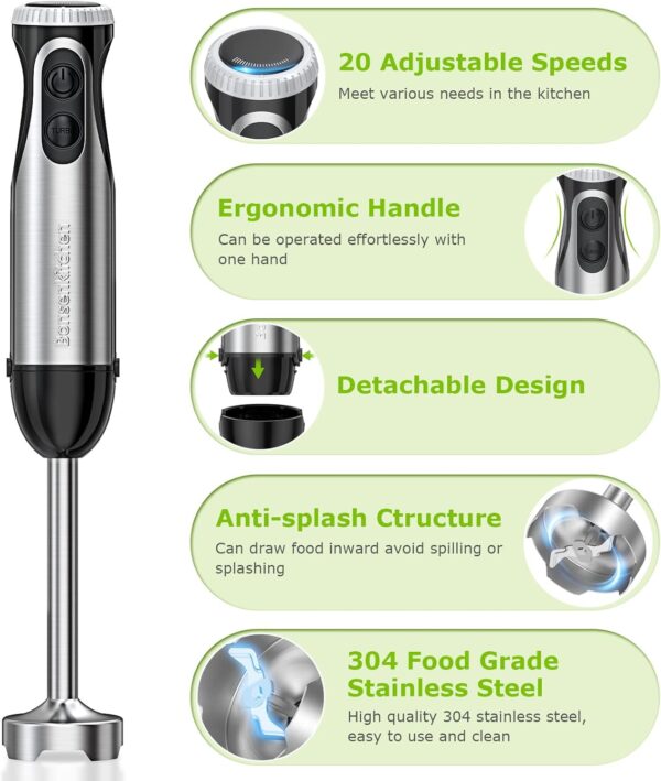 bonsenkitchen immersion handheld blender with whisk, 20 speed & turbo mode hand blender stick 500w, 304 stainless steel hand blender for soup, smoothie, puree, baby food