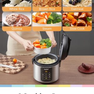 comfee' compact rice cooker, 6 in 1 stainless steel multi cooker, slow cooker, steamer, saute, and warmer, 2 qt, 8 cups cooked(4 cups uncooked), brown rice, quinoa and oatmeal, 6 one touch programs