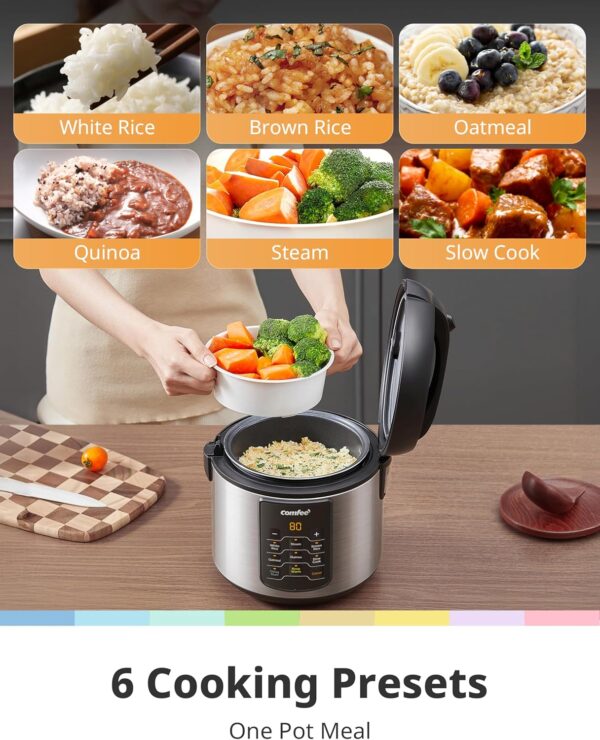 comfee' compact rice cooker, 6 in 1 stainless steel multi cooker, slow cooker, steamer, saute, and warmer, 2 qt, 8 cups cooked(4 cups uncooked), brown rice, quinoa and oatmeal, 6 one touch programs