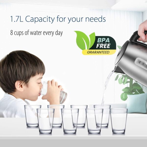 COMFEE' Stainless Steel Electric Kettle, 1.7 Liter Tea Kettle Electric & Hot Water Kettle, 1500W Fast Boil with LED Light, Auto Shut-Off and Boil-Dry Protection - Image 2
