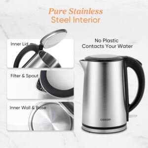 cosori electric kettle, no plastic inner lid, filter and spout, double wall stainless steel keep warm, automatic shut off & boil dry protection, durable tea kettle boiler & heater, 1.5l/1500w, silver