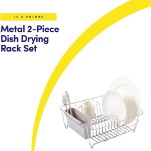 dish drying rack & cutlery holder 2 piece set compact sink fitting dish drainer with rubberized undercoating, space saving kitchen organizer for plates, cups, bowls & utensils in sink, silver