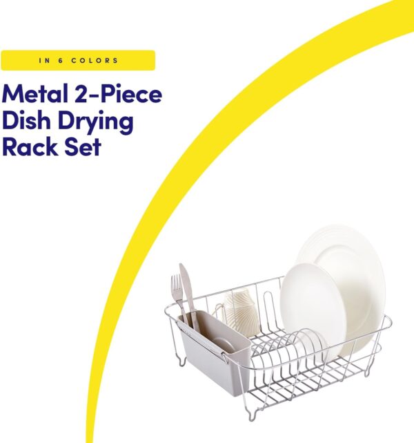dish drying rack & cutlery holder 2 piece set compact sink fitting dish drainer with rubberized undercoating, space saving kitchen organizer for plates, cups, bowls & utensils in sink, silver