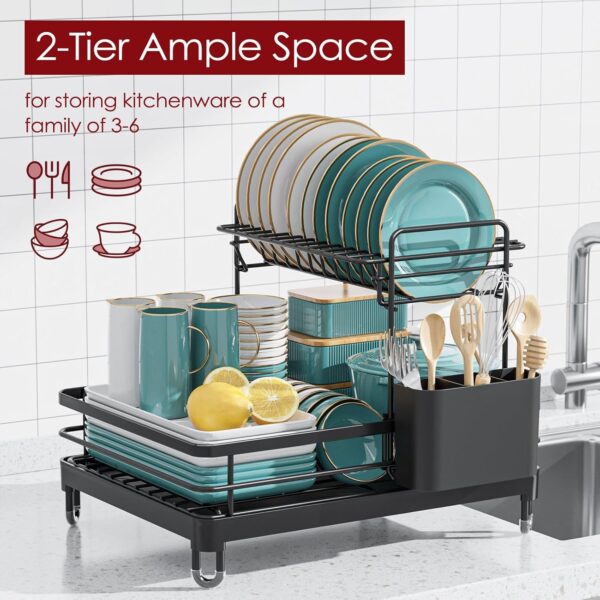 Dish Drying Rack - X-Large Stainless Steel Dish Rack for Kitchen Counter, 2-Tier Kitchen Organizers and Storage for Dishes, Bowls, Cutlery, Black - Image 2