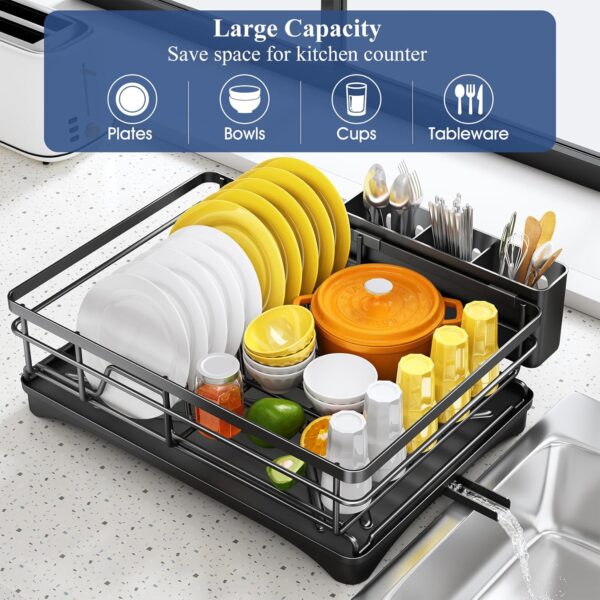 Dish Drying Rack for Kitchen Counter - Large Dish Rack with Drainboard, Rustproof Dish Drainer with Utensil Holder for Sink, Black - Image 2
