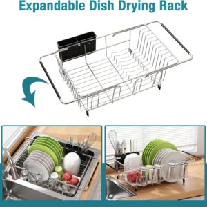 dish drying rack in sink, expandable stainless steel dish drainers for kitchen counter, dish dryer rack for inside sink, over the sink dish racks with utensil holder, silver
