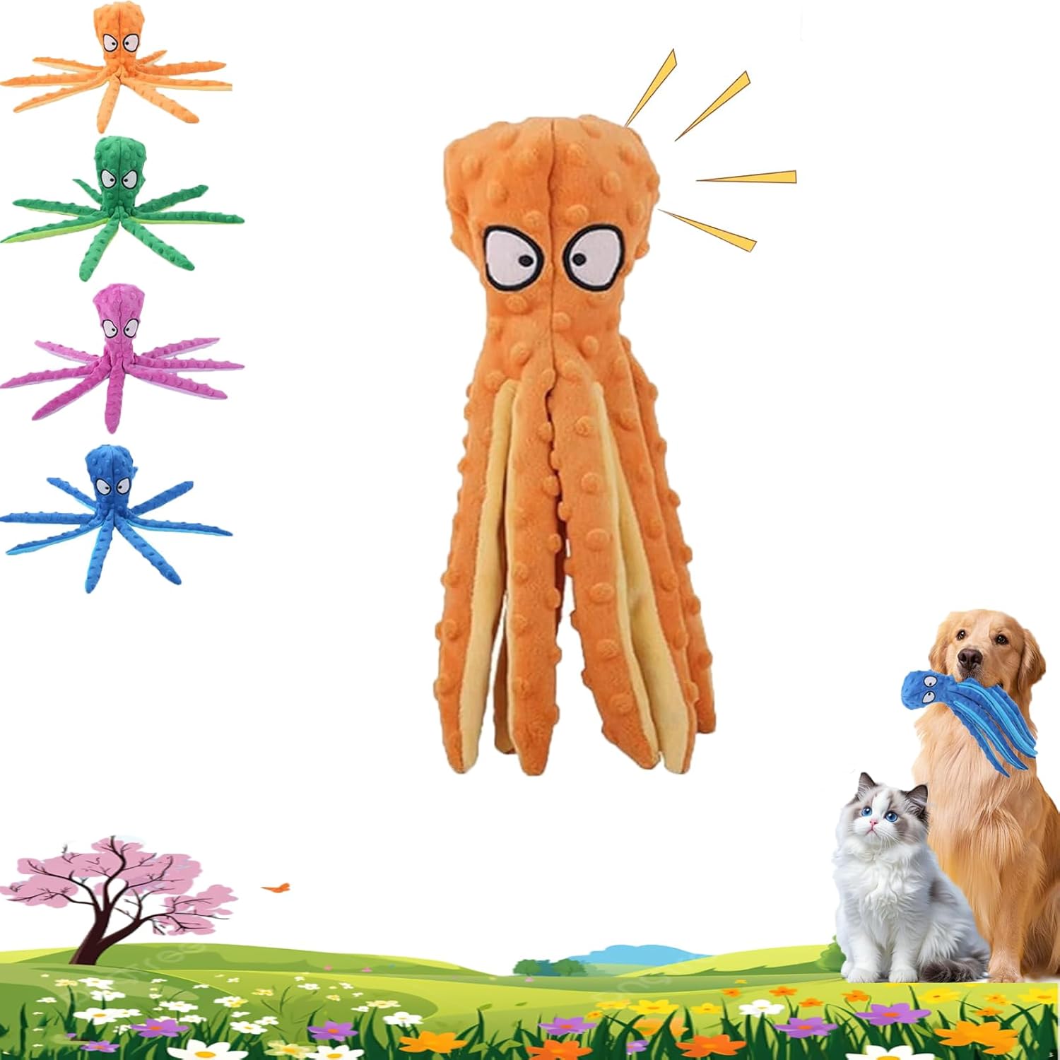 Eco Friendly Octopus Plush Dog Toy, Whiskerspot No Stuffing Octopus Dog Toy, No Stuffing Plush Dance Octopus Toy for Aggressive Chewers Dogs, Squeaky Dog Toys for Puppy, Small to Large Dogs (Orange)