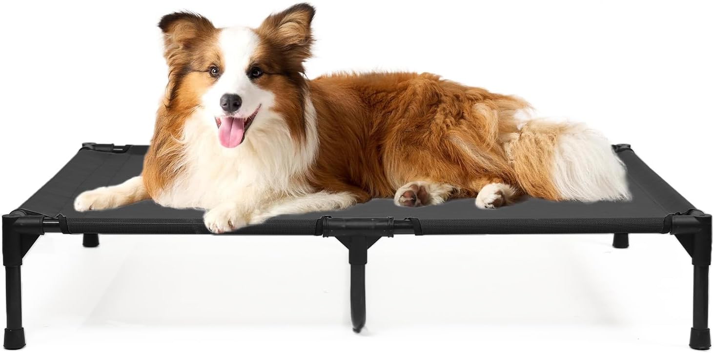 Elevated Dog Beds Large Sized Dogs, Cooling Raised Pet Bed with Frame & Breathable Mesh, Portable Indoor & Outdoor Lifted Dog Hammock Off Ground (L, Black)