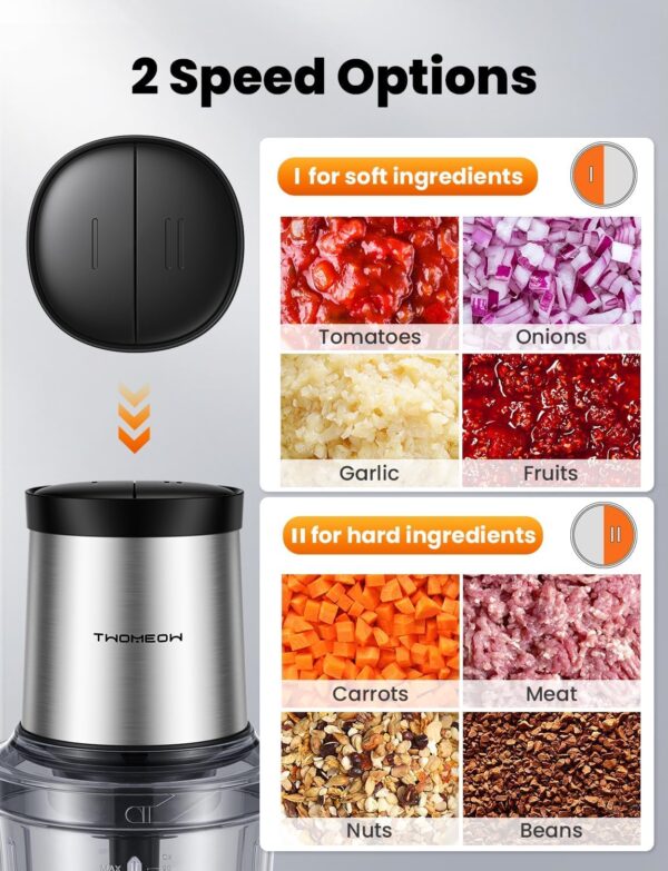 Food Processor 4 Cup, Electric Food Chopper, 【Small but Powerful】Meat Grinder with 2 Bowls, 2 Speed & 4 Blades for Vegetable, Meat, Nuts, Functions for Chopping, Dicing, Mixing and Puree - Image 2