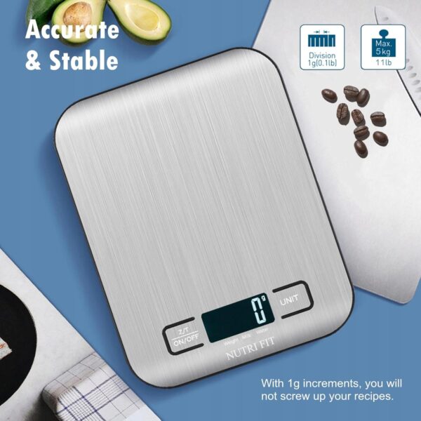 food scale, kitchen scales digital weight food grams and ounces for weight loss baking cooking of nutri fit, max 11lb 1g increment, backlight lcd smart tare stainless steel, easy to use, aaa battery