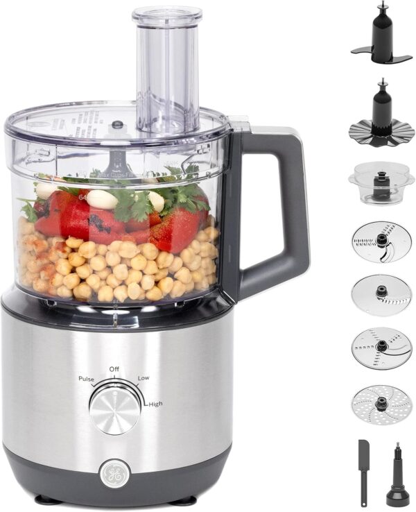 ge food processor | 12 cup | complete with 3 feeding tubes & stainless steel accessories 3 discs + dough blade | 3 speed | great for shredded cheese, chicken & more | kitchen essentials | 550 watts