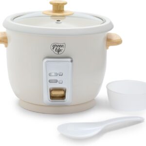 GreenLife Electric Rice Cooker, 3-Cups Uncooked/6-Cups Cooked, Removable PFAS-Free Nonstick Pot, One-Switch Design, Auto Keep Warm, Small Space Saving, Rice Paddle, Soup, Grains, Oatmeal, 1.5 QT, Cream