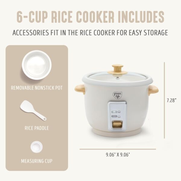 GreenLife Electric Rice Cooker, 3-Cups Uncooked/6-Cups Cooked, Removable PFAS-Free Nonstick Pot, One-Switch Design, Auto Keep Warm, Small Space Saving, Rice Paddle, Soup, Grains, Oatmeal, 1.5 QT, Cream - Image 2