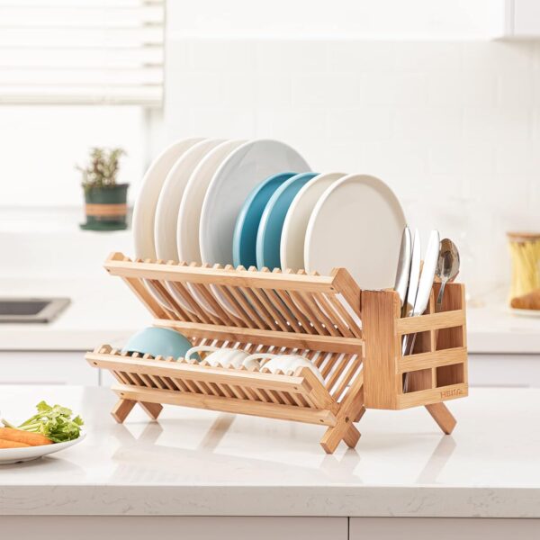 hblife dish rack, bamboo folding 2 tier collapsible drainer dish drying rack with utensils flatware holder set (dish rack with utensil holder)