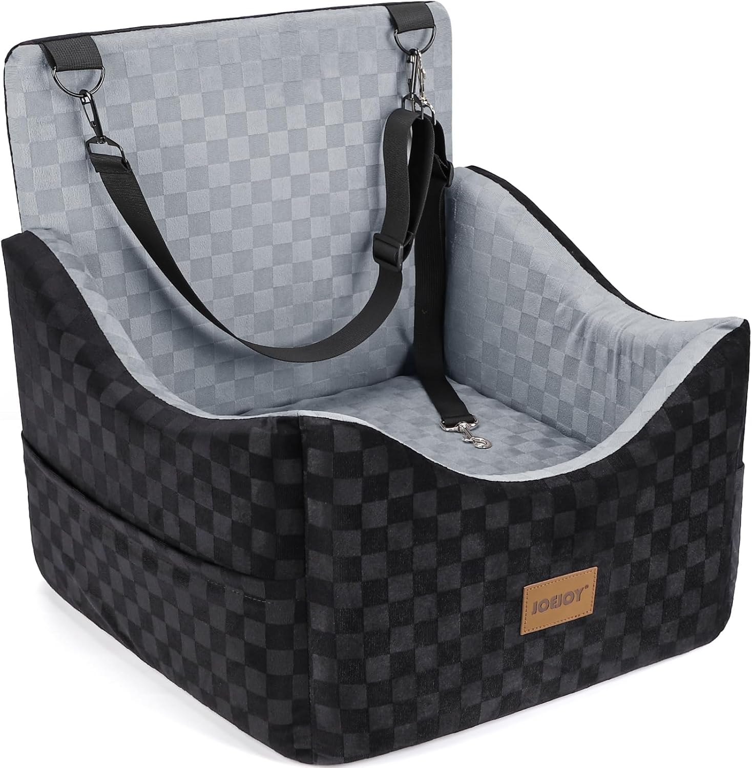 JOEJOY Elevated Dog Car Seat for Small/Medium Dogs up to 35 lbs, Memory Foam Pet Booster Seat with Detachable Washable Cover, Portable Travel-Safe Bed for Cars with Safety Belts and Storage Pockets