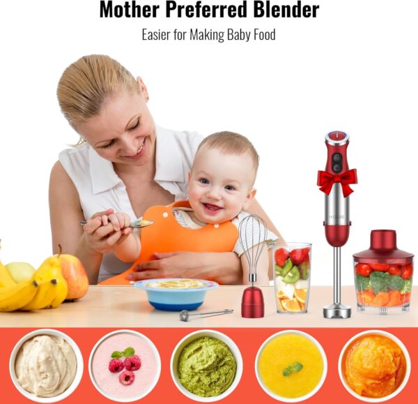 koios 5 in 1 hand immersion blender, 1000w 12 speed handheld blender stick with copper motor stainless steel blade, 600ml mixing beaker,500ml food processor, whisk, milk frother, non bpa, red