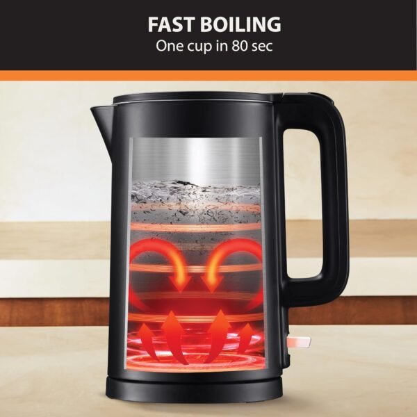 KRUPS 1.5L Electric Kettle, Cool Touch Stainless Steel Interior, Fast Boiling, one cup in 80 seconds, Double Wall, Fast Boiling, Auto Off, Keep Warm, Cordless, Black - Image 2