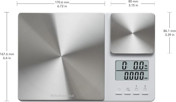 kitchenaid kq909 dual platform digital kitchen and food scale, 11 pound capacity and precision 16oz capacity, white with stainless steel