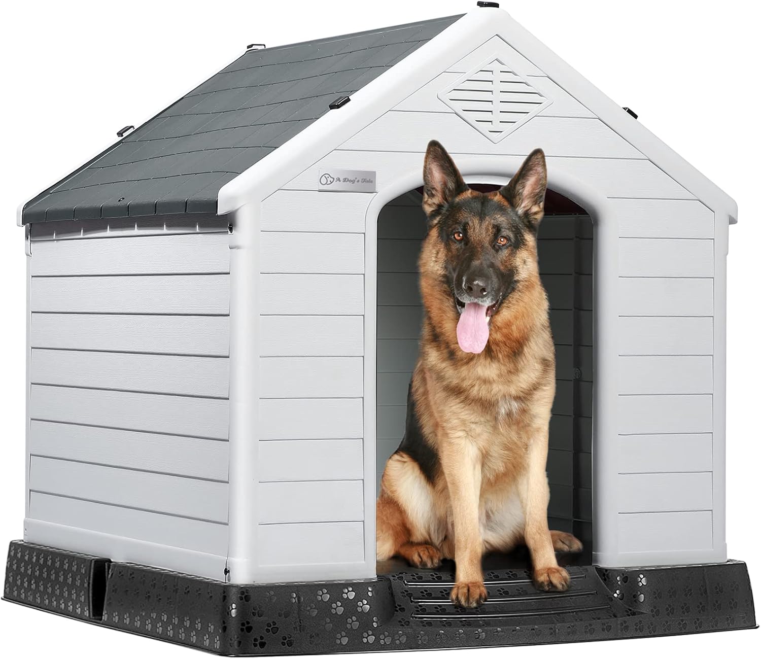 LEMBERI Durable Waterproof Plastic Dog House for Small to Large Sized Dogs, Indoor Outdoor Doghouse Puppy Shelter with Elevated Floor, Easy to Assemble (Gray, 42”L*38”W*39”H)