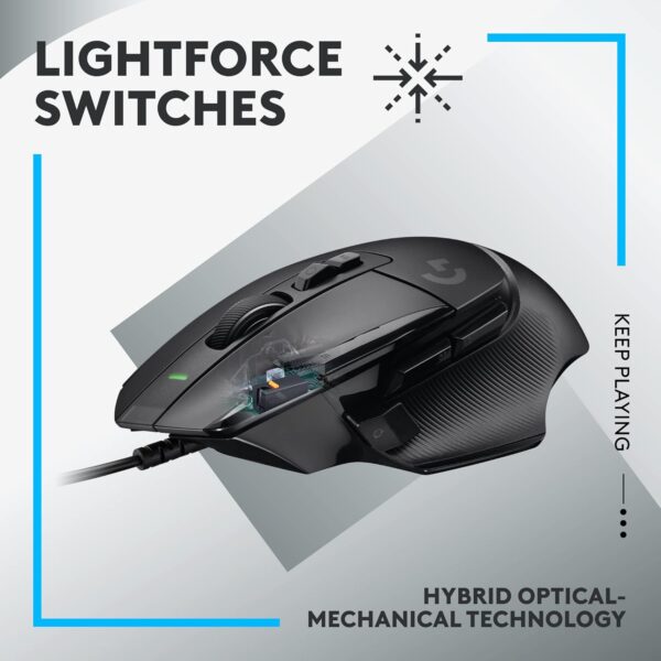 logitech g502 x wired gaming mouse lightforce hybrid optical mechanical primary switches, hero 25k gaming sensor, compatible with pc macos/windows black