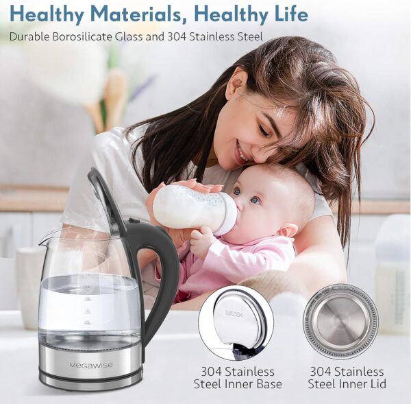 MegaWise Electric Kettle, 1.8L Borosilicate Glass Tea Kettle with LED Light, Auto Shut-Off and Boil-Dry Protection Cordless Kettle Fast Boiling - Image 2