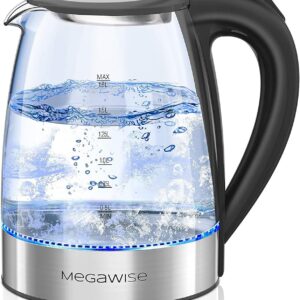 MegaWise Electric Kettle, 1.8L Borosilicate Glass Tea Kettle with LED Light, Auto Shut-Off and Boil-Dry Protection Cordless Kettle Fast Boiling