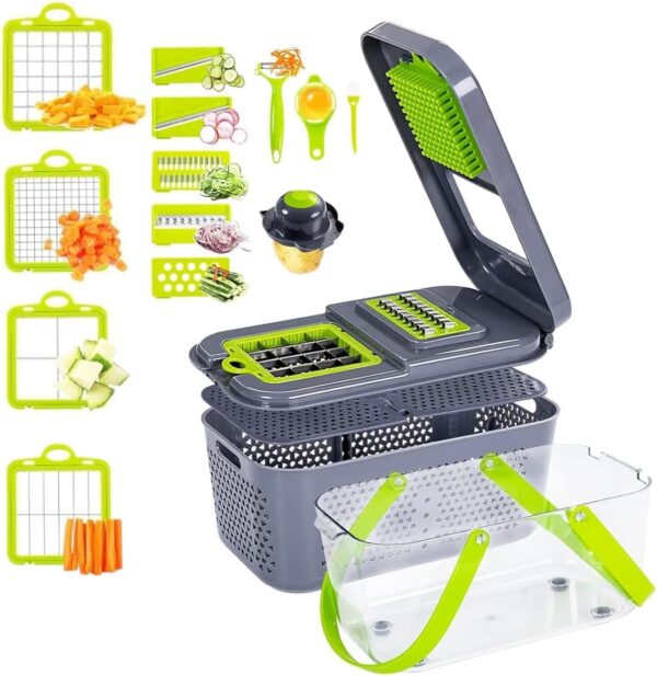 Miibox Vegetable Chopper with Container 22-in-1 Veggie Choppers and Dicers Food Chopper Cutter for Onion Tomato Multi Kitchen Tool with Lemon Squeezer -13 Blades,Grey