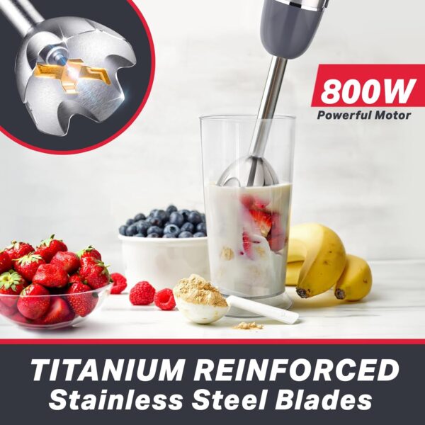 Mueller Multistick 5-in-1 Immersion Blender Handheld, 12 Speed Hand Mixer - Turbo Boost, Heaviest Duty Copper Motor, Titanium Blades Hand Blender, Milk Frother Wand, Whisk, Beaker, Chopper, Grey - Image 2